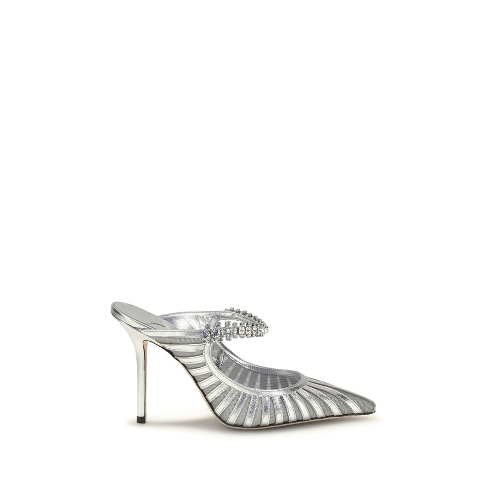 Jimmy Choo BING 100 GDJ - Silver high-heeled shoe with decorative elements on a white background